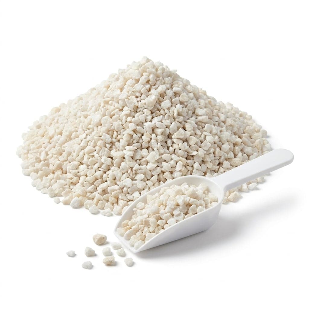 Heap and scoop of white calcite pH correction granules