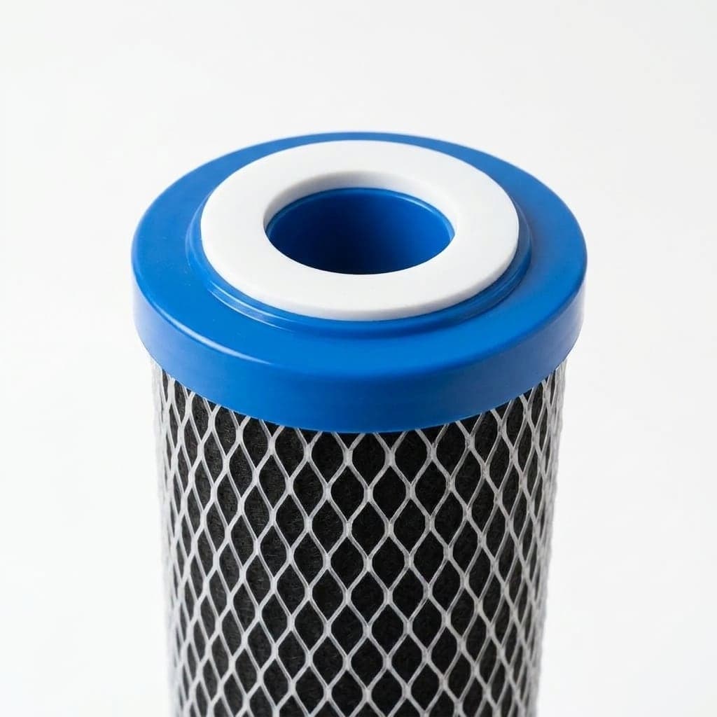 End cap of the 10 inch 5 micron carbon block cartridge and its netted black carbon body