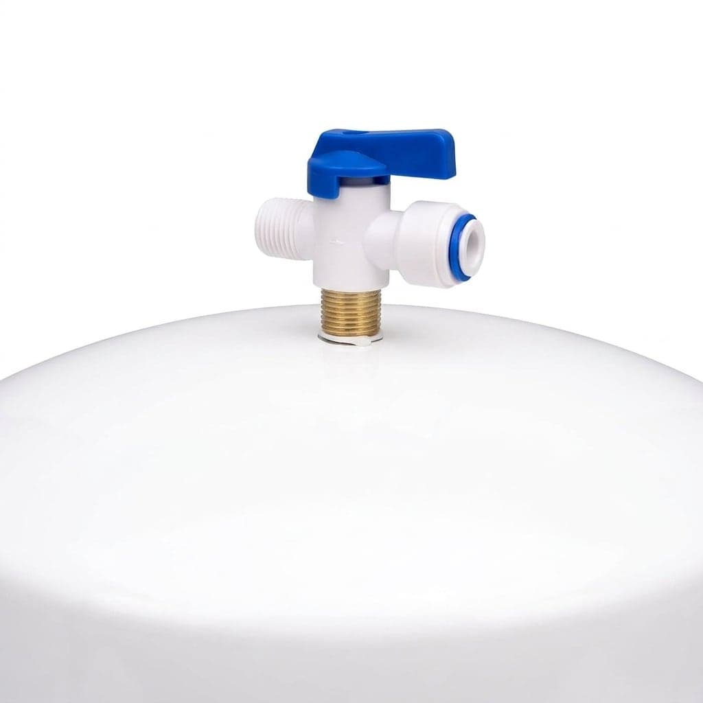 Tank valve on the 12 litre steel RO tank: blue quarter-turn lever and 1/4 inch push-fit port