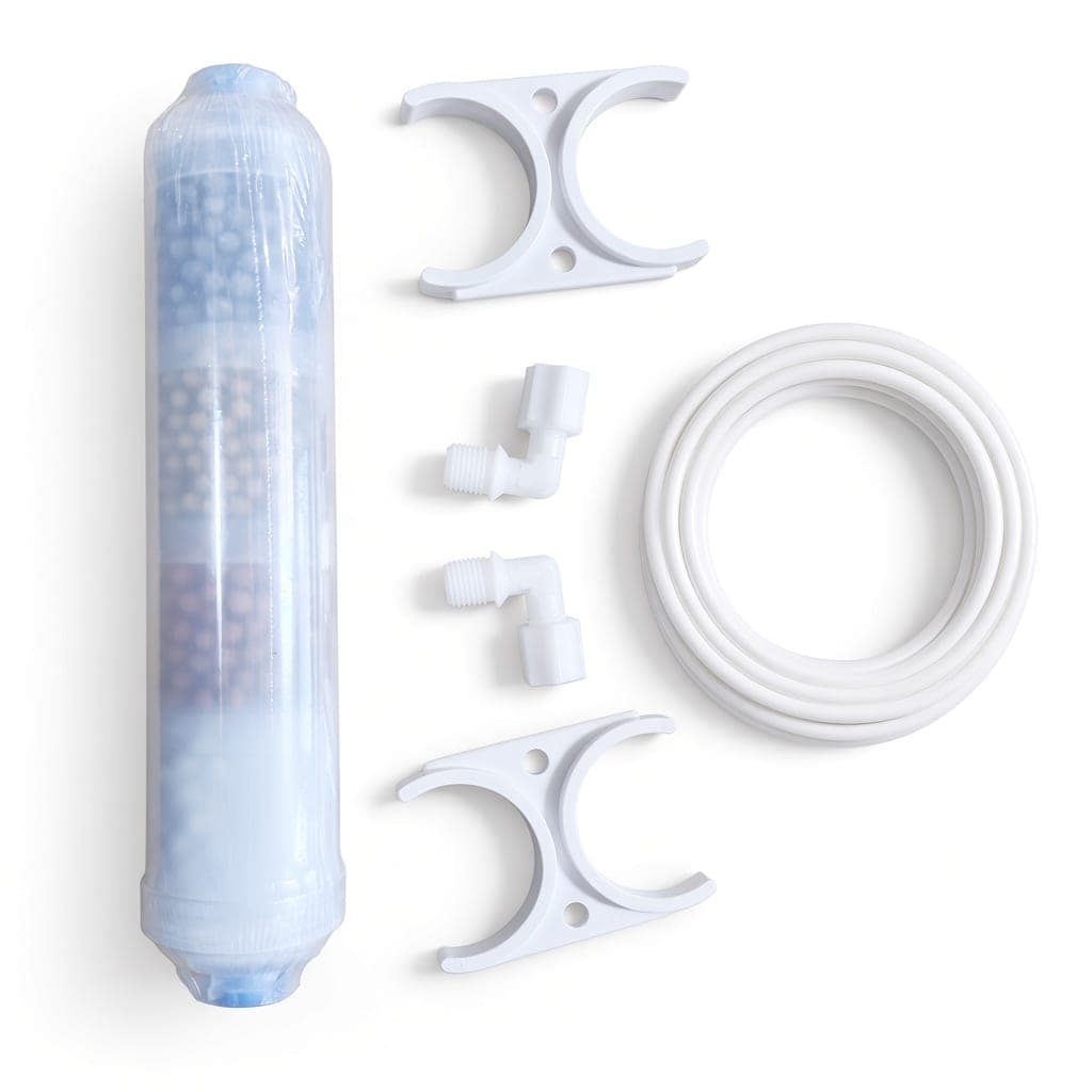 4-in-1 re-mineraliser cartridge with its adapter kit: two double clamps, two elbows and a coil of 1/4 inch tube