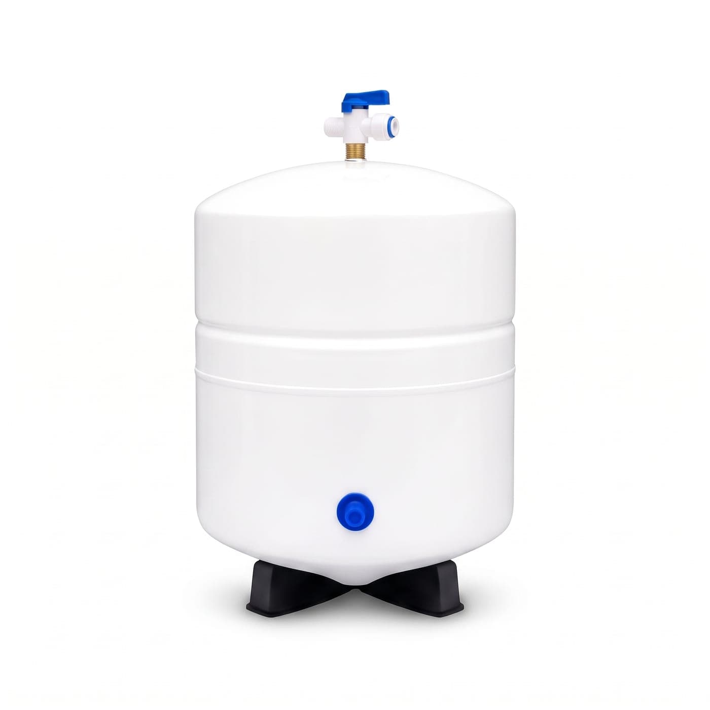 12 litre white steel reverse osmosis storage tank on its black base with the 1/4 inch tank valve on top