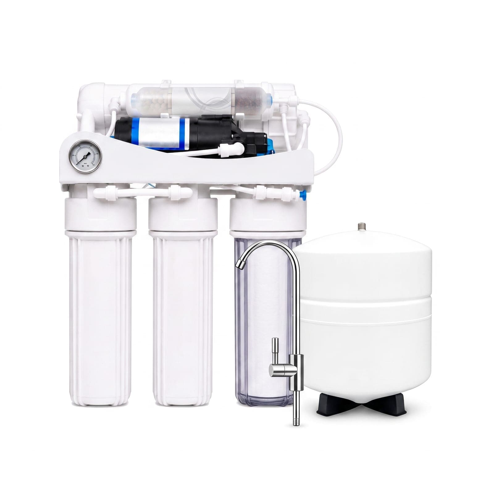 AquaShield Turbo reverse osmosis purifier with the booster pump on the bracket, tank and chrome tap