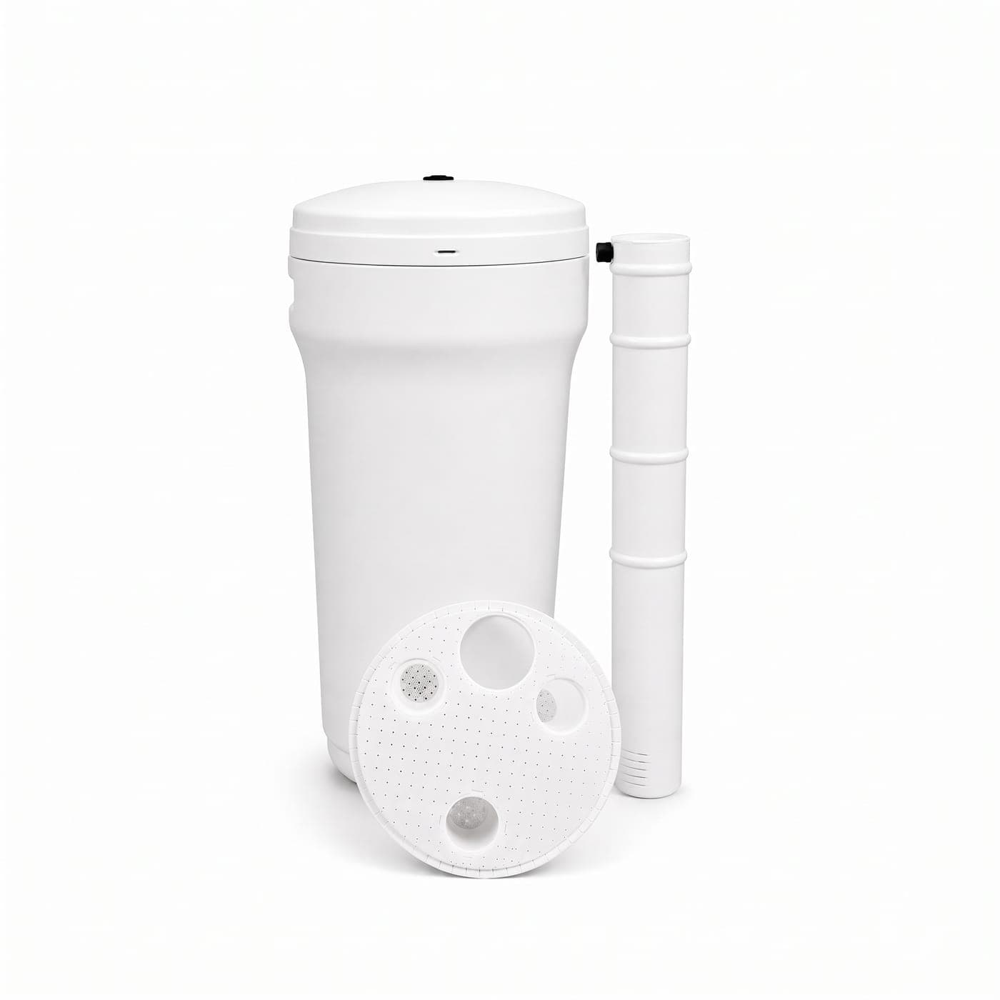 100 litre round white brine tank with its lid, brine well and salt grid