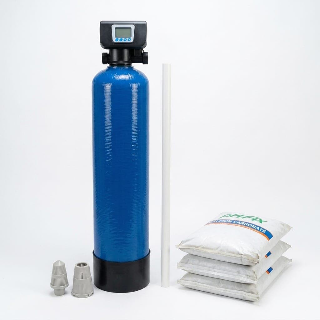 pH correction kit: 75 litre vessel with the automatic valve fitted, riser and distributors, and three bags of calcite