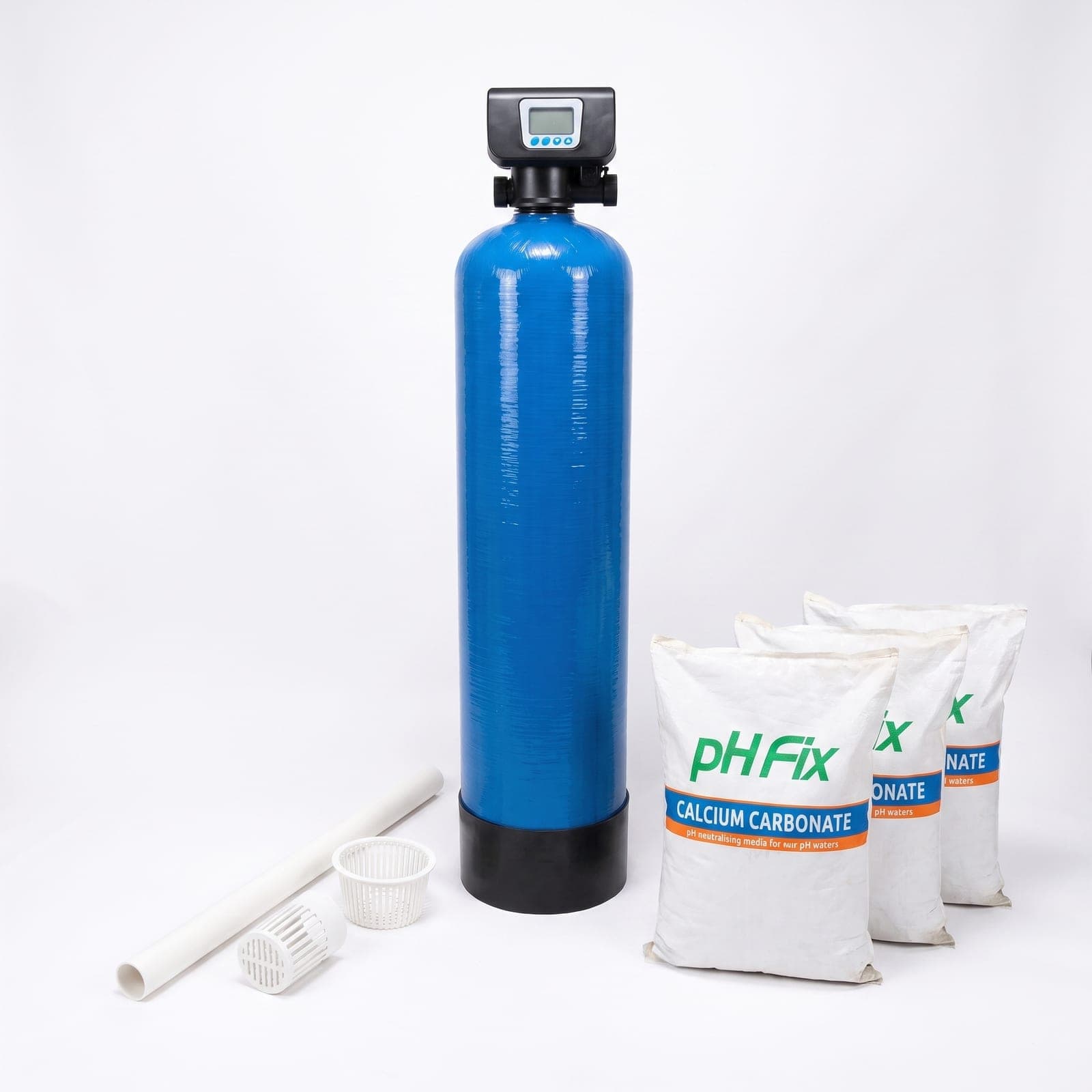 pH correction kit: 75 litre vessel with the automatic valve fitted, riser and distributors, and three bags of calcite