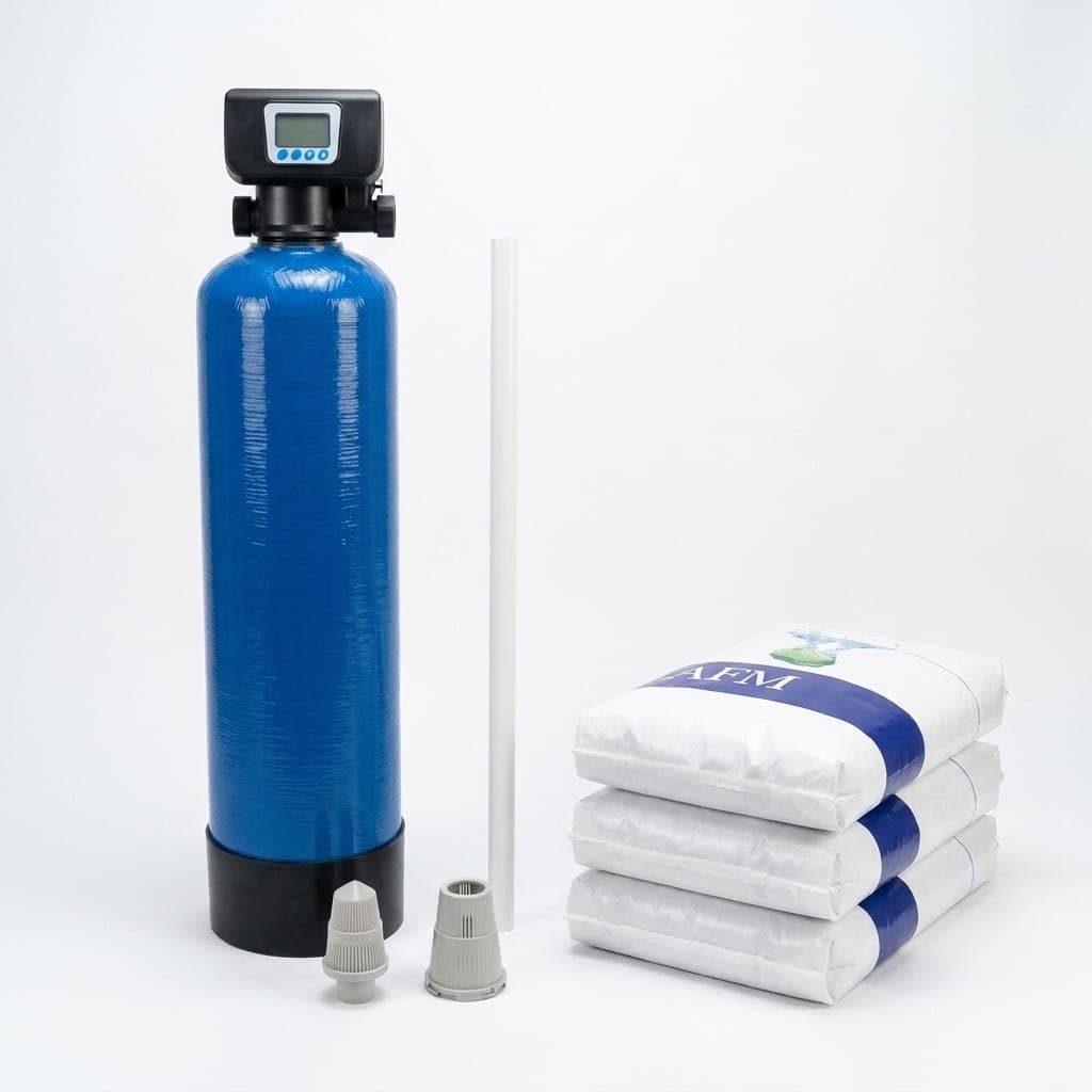 Sediment filter kit: 75 litre vessel with the automatic valve, riser and distributors, and three bags of AFM