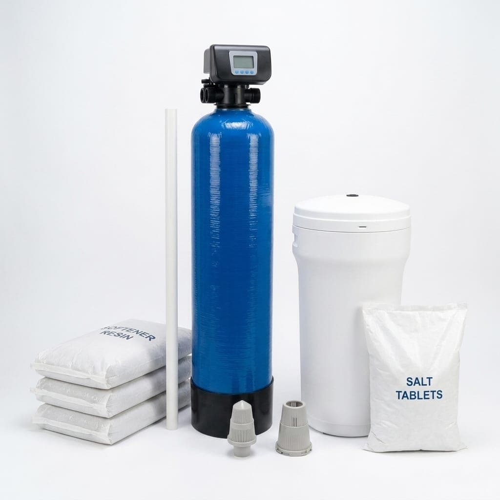 Water softener kit: 75 litre vessel with the automatic softener valve fitted, the round brine tank, three bags of resin and a bag of salt tablets