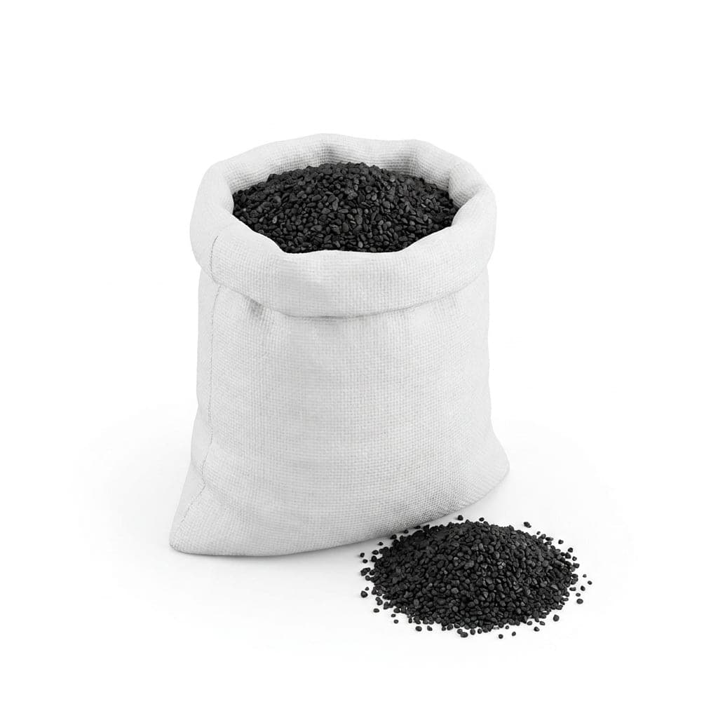 Open bag of granular activated carbon with a heap of black granules
