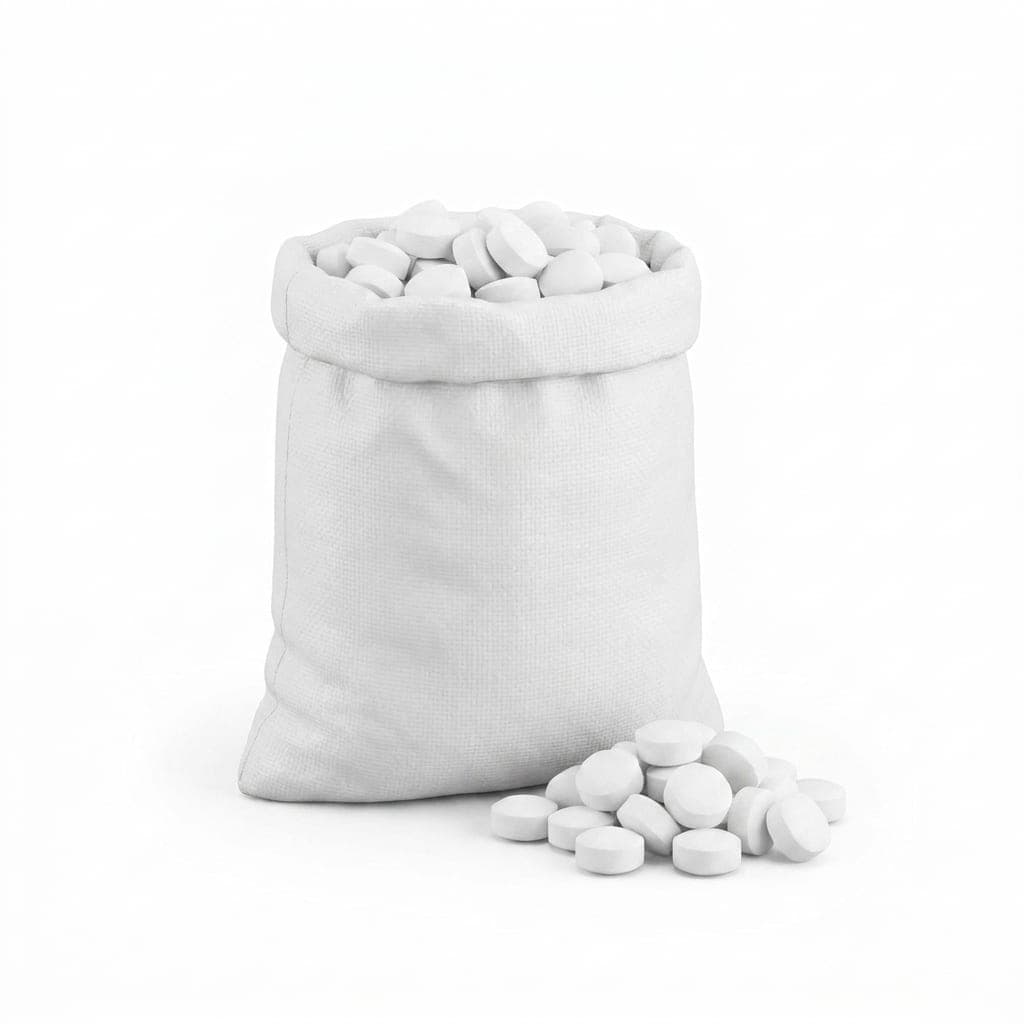 Open bag of white water softener salt tablets with a heap in front