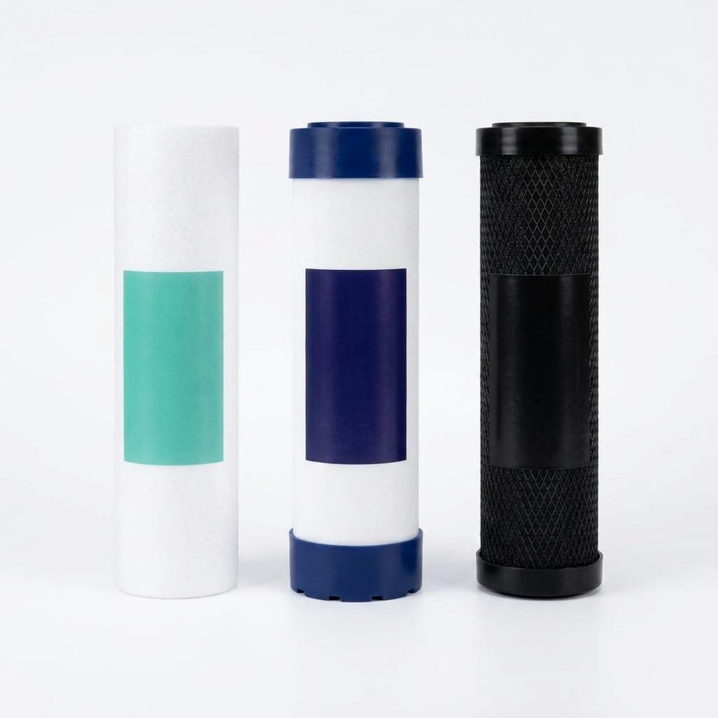 The three RO pre-filter cartridges: sediment, GAC and carbon block