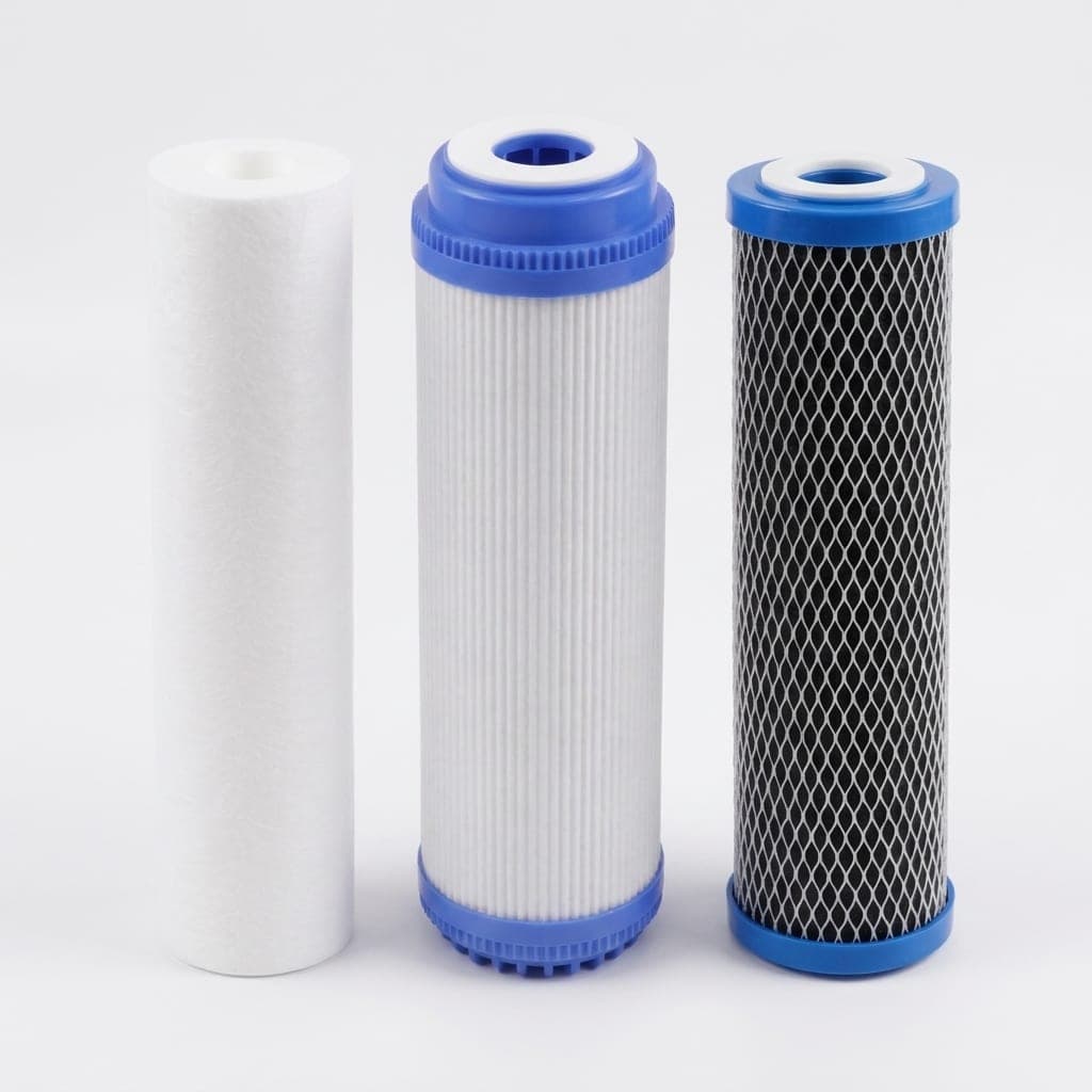 The three RO pre-filter cartridges: sediment, GAC and carbon block