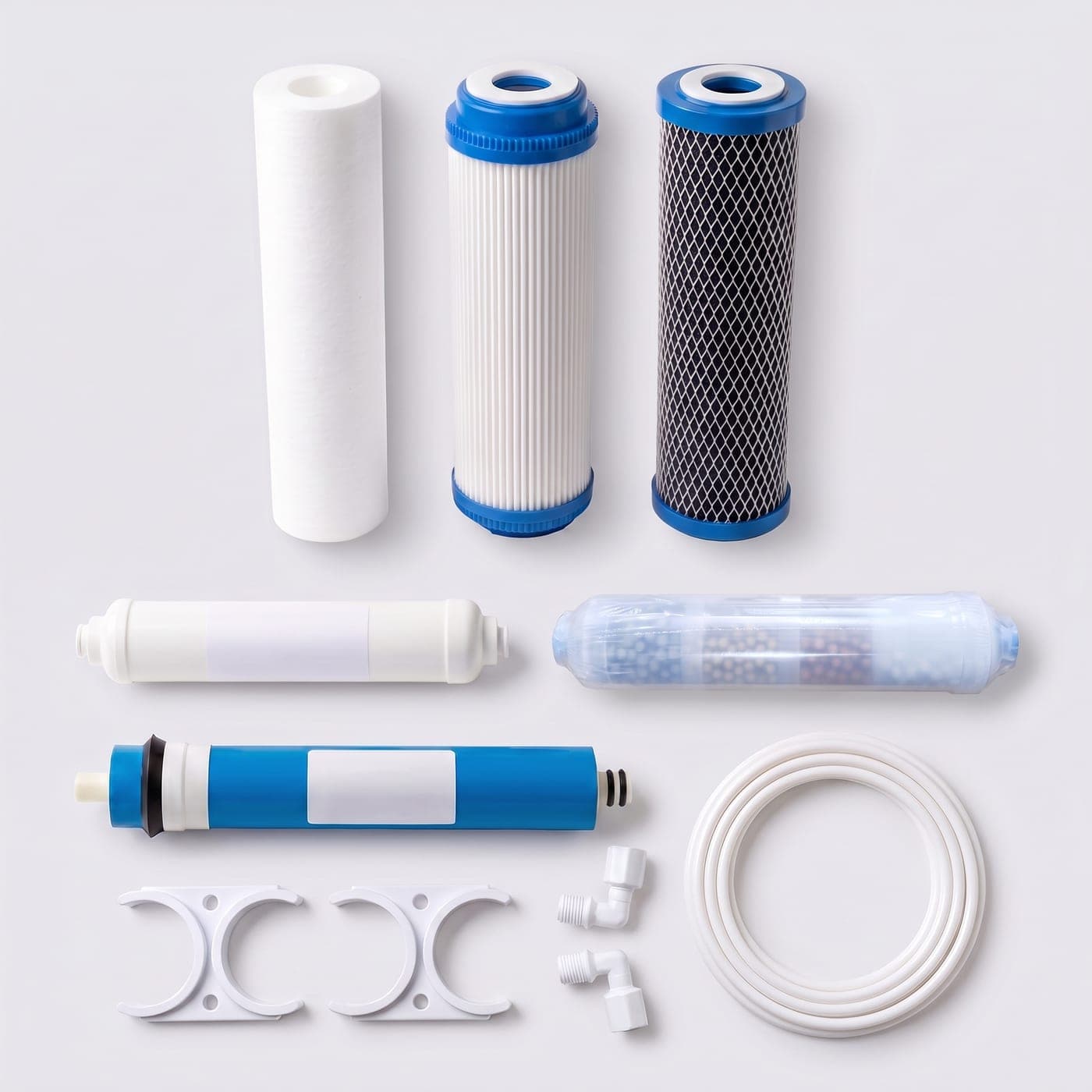 The full six-stage RO service kit: sediment, GAC, carbon block, membrane, post-carbon and re-mineraliser, with the clamps, elbows and tube of the adapter kit