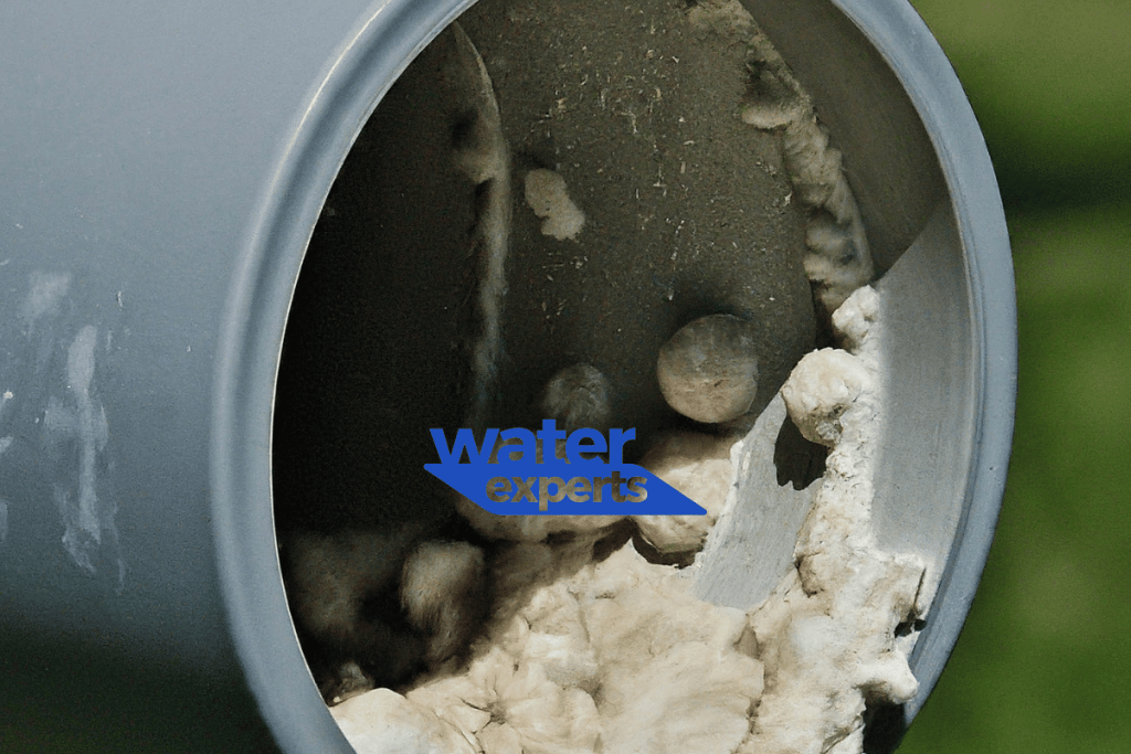  a clogged pipe. The inside of the pipe is heavily encrusted with white mineral deposits,