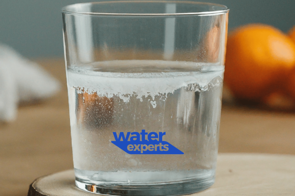 clear glass filled with tap water. A white film floats on the top surface of the water, indicating hard water.