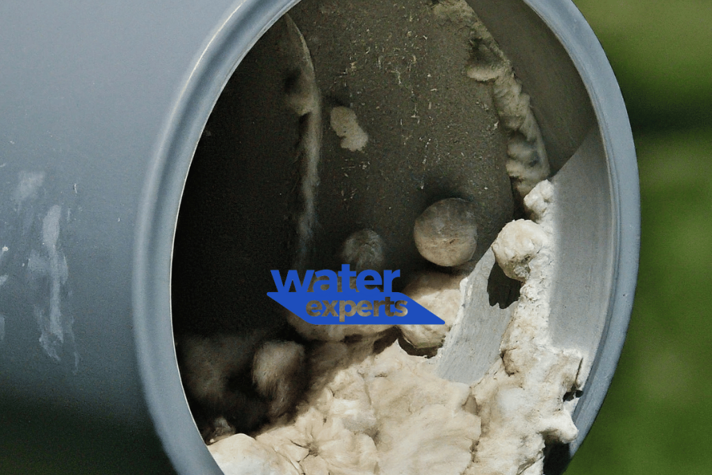  a clogged pipe. The inside of the pipe is heavily encrusted with white mineral deposits,